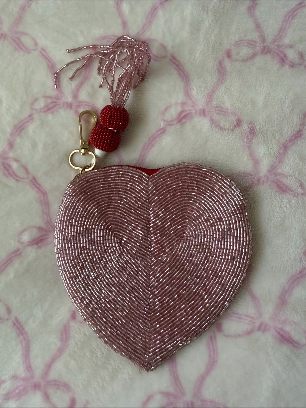 Beaded Heart Coin Pouch with Tassel - Pink & Red